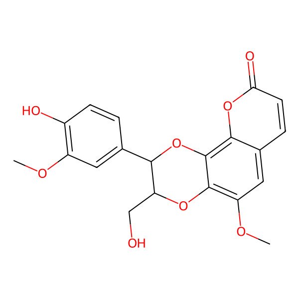 2D Structure of 9H-Pyrano(2,3-f)-1,4-benzodioxin-9-one, 2,3-dihydro-2-(4-hydroxy-3-methoxyphenyl)-3-(hydroxymethyl)-5-methoxy-, trans-(+-)-