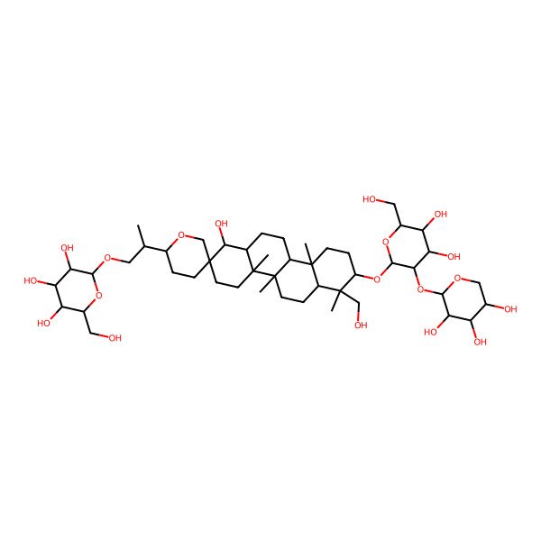 2D Structure of (2R,3R,4S,5S,6R)-2-[(2S)-2-[(1R,2S,2'S,4aR,4bR,6aR,7R,8S,10aR,10bR,12aS)-8-[(2R,3R,4S,5S,6R)-4,5-dihydroxy-6-(hydroxymethyl)-3-[(2S,3R,4S,5R)-3,4,5-trihydroxyoxan-2-yl]oxyoxan-2-yl]oxy-1-hydroxy-7-(hydroxymethyl)-4a,4b,7,10a-tetramethylspiro[3,4,5,6,6a,8,9,10,10b,11,12,12a-dodecahydro-1H-chrysene-2,5'-oxane]-2'-yl]propoxy]-6-(hydroxymethyl)oxane-3,4,5-triol