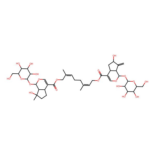 2D Structure of (2E,6E)-3,7-Dimethyl-2,6-octadiene-1,8-diol 8-[[(1S)-1alpha-(beta-D-glucopyranosyloxy)-1,4aalpha,5,6,7,7aalpha-hexahydro-7alpha-hydroxy-7beta-methylcyclopenta[c]pyran]-4-carboxylate]1-[[(1S)-1alpha-(beta-D-glucopyranosyloxy)-1,4aalpha,5,6,7,7aalpha-hexahydro-6alpha-hydroxy-7-methylenecyclopenta[c]pyran]-4-carboxylate]