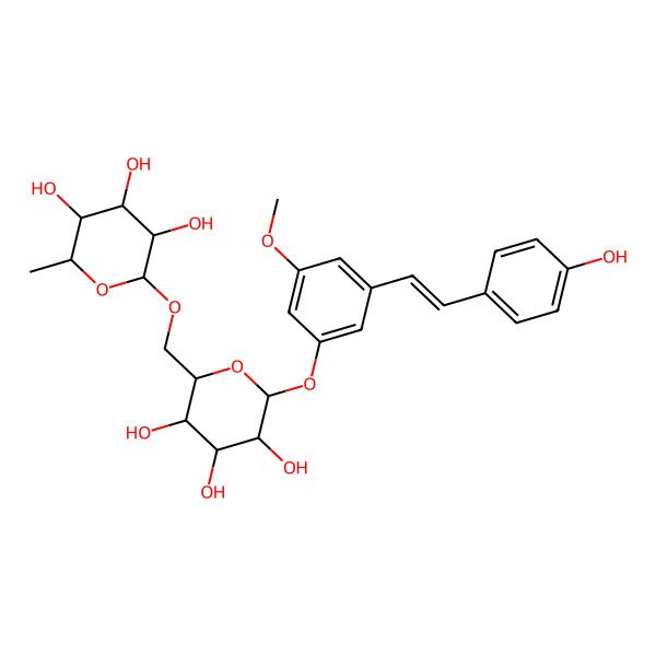 2D Structure of (2S,3R,4R,5R,6R)-2-methyl-6-[[(2R,3S,4S,5R,6S)-3,4,5-trihydroxy-6-[3-[(E)-2-(4-hydroxyphenyl)ethenyl]-5-methoxyphenoxy]oxan-2-yl]methoxy]oxane-3,4,5-triol