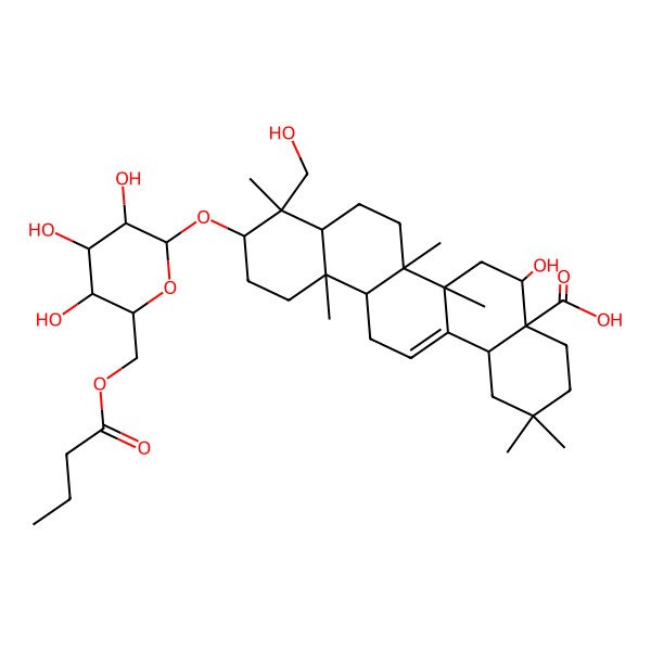 2D Structure of 10-[(2R,3R,4S,5S,6R)-6-(butanoyloxymethyl)-3,4,5-trihydroxyoxan-2-yl]oxy-5-hydroxy-9-(hydroxymethyl)-2,2,6a,6b,9,12a-hexamethyl-1,3,4,5,6,6a,7,8,8a,10,11,12,13,14b-tetradecahydropicene-4a-carboxylic acid