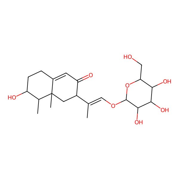 2D Structure of (3S,4aR,5R,6R)-6-hydroxy-4a,5-dimethyl-3-((E)-1-((2R,3R,4S,5S,6R)-3,4,5-trihydroxy-6-(hydroxymethyl)tetrahydro-2H-pyran-2-yloxy)prop-1-en-2-yl)-4,4a,5,6,7,8-hexahydronaphthalen-2(3H)-one