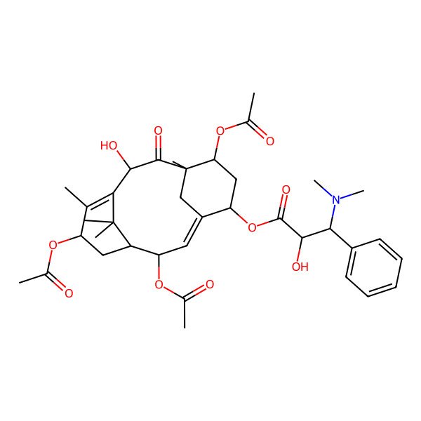2D Structure of [(1R,2S,3E,5S,7S,8S,10R,13S)-2,7,13-triacetyloxy-10-hydroxy-8,12,15,15-tetramethyl-9-oxo-5-tricyclo[9.3.1.14,8]hexadeca-3,11-dienyl] (2R,3S)-3-(dimethylamino)-2-hydroxy-3-phenylpropanoate