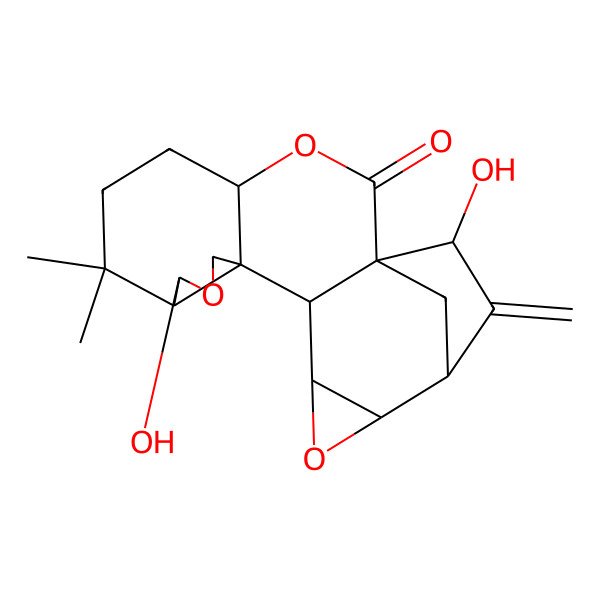 2D Structure of (1S,4S,8R,9R,12S,13S,14S,16R,17R,19R)-9,19-dihydroxy-7,7-dimethyl-18-methylidene-3,10,15-trioxahexacyclo[15.2.1.01,13.04,12.08,12.014,16]icosan-2-one