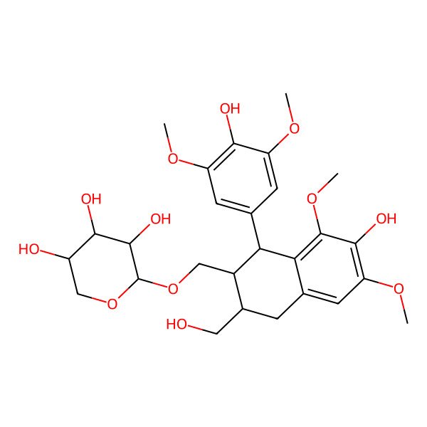 2D Structure of (2S,3S,4R,5S)-2-[[(1R,2S,3S)-7-hydroxy-1-(4-hydroxy-3,5-dimethoxyphenyl)-3-(hydroxymethyl)-6,8-dimethoxy-1,2,3,4-tetrahydronaphthalen-2-yl]methoxy]oxane-3,4,5-triol