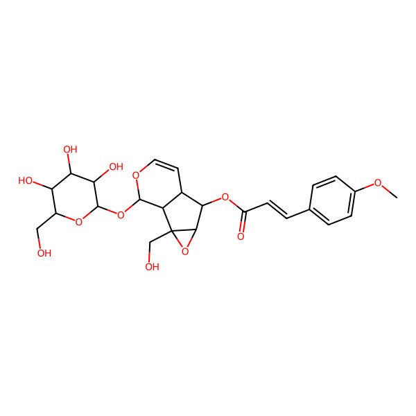 2D Structure of [(2R,5S)-2-(hydroxymethyl)-10-[(2S,3R,4S,5S,6R)-3,4,5-trihydroxy-6-(hydroxymethyl)oxan-2-yl]oxy-3,9-dioxatricyclo[4.4.0.02,4]dec-7-en-5-yl] (E)-3-(4-methoxyphenyl)prop-2-enoate