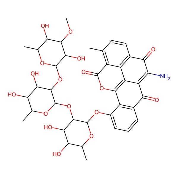2D Structure of 10-amino-3-[(2S,3R,4S,5R,6R)-3-[(2R,3R,4S,5R,6R)-3-[(2R,3R,4S,5S,6R)-3,5-dihydroxy-4-methoxy-6-methyloxan-2-yl]oxy-4,5-dihydroxy-6-methyloxan-2-yl]oxy-4,5-dihydroxy-6-methyloxan-2-yl]oxy-15-methyl-18-oxapentacyclo[10.6.2.02,7.09,19.016,20]icosa-1(19),2(7),3,5,9,12(20),13,15-octaene-8,11,17-trione