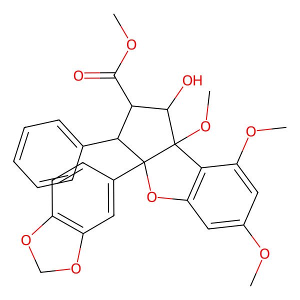 2D Structure of methyl (1R,2R,3S,3aR,8bS)-3a-(1,3-benzodioxol-5-yl)-1-hydroxy-6,8,8b-trimethoxy-3-phenyl-2,3-dihydro-1H-cyclopenta[b][1]benzofuran-2-carboxylate
