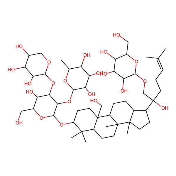 2D Structure of (20S)-3beta-(2-O-alpha-L-Rhamnopyranosyl-3-O-beta-D-xylopyranosyl-beta-D-glucopyranosyloxy)-21-(beta-D-glucopyranosyloxy)dammara-24-ene-19,20-diol 2D Structure of (20S)-3beta-(2-O-alpha-L-Rhamnopyranosyl-3-O-beta-D-xylopyranosyl-beta-D-glucopyranosyloxy)-21-(beta-D-glucopyranosyloxy)dammara-24-ene-19,20-diol