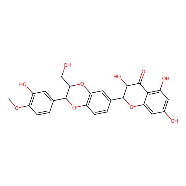 2D Structure of (2R,3R)-3,5,7-trihydroxy-2-[(2R,3R)-2-(3-hydroxy-4-methoxy-phenyl)-3-(hydroxymethyl)-2,3-dihydro-1,4-benzodioxin-6-yl]chroman-4-one
