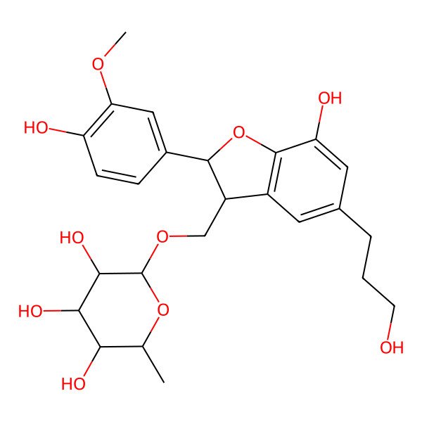 2D Structure of (2R,3R,4R,5R,6S)-2-[[7-hydroxy-2-(4-hydroxy-3-methoxyphenyl)-5-(3-hydroxypropyl)-2,3-dihydro-1-benzofuran-3-yl]methoxy]-6-methyloxane-3,4,5-triol
