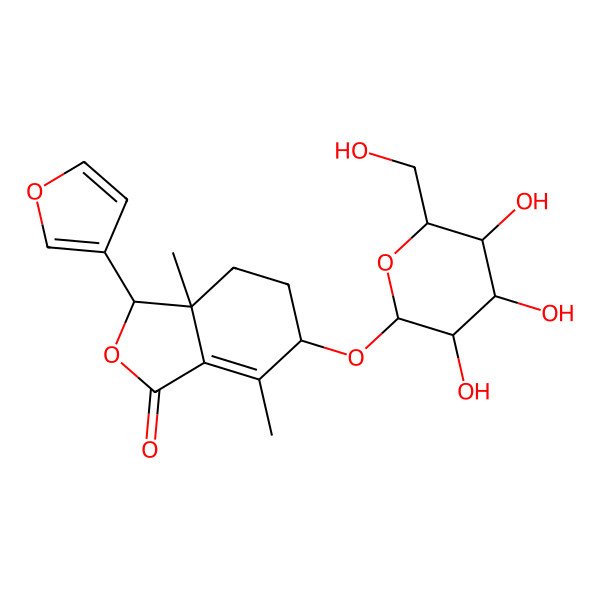 2D Structure of (3R)-3beta-(3-Furyl)-3abeta,7-dimethyl-6beta-(beta-D-glucopyranosyloxy)-3a,4,5,6-tetrahydroisobenzofuran-1(3H)-one 2D Structure of (3R)-3beta-(3-Furyl)-3abeta,7-dimethyl-6beta-(beta-D-glucopyranosyloxy)-3a,4,5,6-tetrahydroisobenzofuran-1(3H)-one