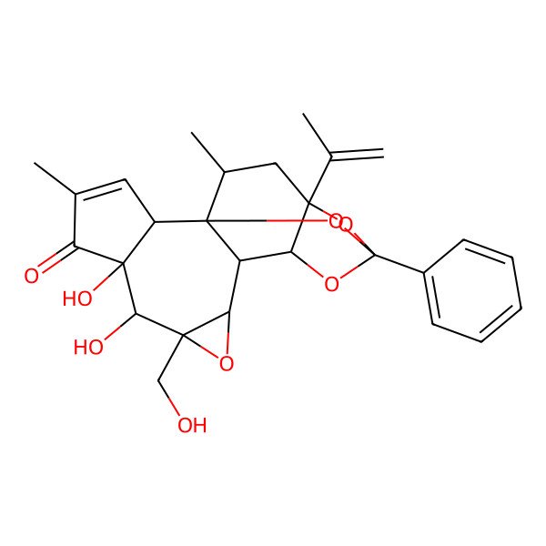 2D Structure of (6S,7S,8R,10S,14R,16R)-6,7-dihydroxy-8-(hydroxymethyl)-4,18-dimethyl-14-phenyl-16-prop-1-en-2-yl-9,13,15,19-tetraoxahexacyclo[12.4.1.01,11.02,6.08,10.012,16]nonadec-3-en-5-one