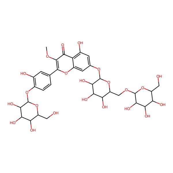 2D Structure of 5-hydroxy-2-[3-hydroxy-4-[(2R,3R,4S,5S,6R)-3,4,5-trihydroxy-6-(hydroxymethyl)oxan-2-yl]oxyphenyl]-3-methoxy-7-[(2S,3R,4S,5S,6R)-3,4,5-trihydroxy-6-[[(2R,3R,4S,5S,6R)-3,4,5-trihydroxy-6-(hydroxymethyl)oxan-2-yl]oxymethyl]oxan-2-yl]oxychromen-4-one
