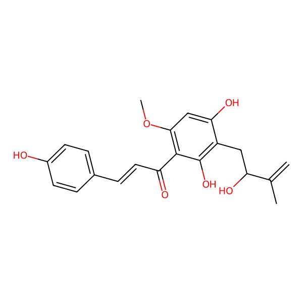 2D Structure of (E)-1-[2,4-dihydroxy-3-[(2R)-2-hydroxy-3-methylbut-3-enyl]-6-methoxyphenyl]-3-(4-hydroxyphenyl)prop-2-en-1-one