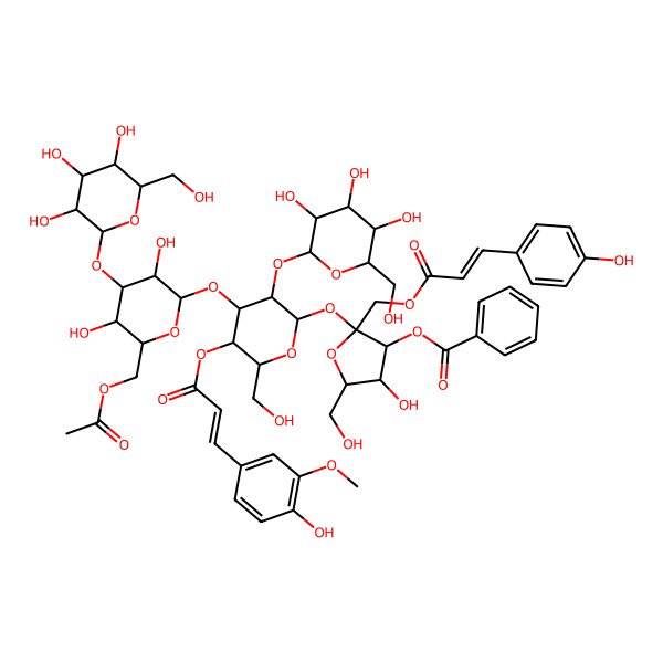 2D Structure of [(2S,3S,4R,5R)-2-[(2R,3R,4S,5R,6R)-4-[(2R,3R,4S,5R,6R)-6-(acetyloxymethyl)-3,5-dihydroxy-4-[(2R,3R,4S,5S,6R)-3,4,5-trihydroxy-6-(hydroxymethyl)oxan-2-yl]oxyoxan-2-yl]oxy-5-[(E)-3-(4-hydroxy-3-methoxyphenyl)prop-2-enoyl]oxy-6-(hydroxymethyl)-3-[(2S,3R,4S,5S,6R)-3,4,5-trihydroxy-6-(hydroxymethyl)oxan-2-yl]oxyoxan-2-yl]oxy-4-hydroxy-5-(hydroxymethyl)-2-[[(E)-3-(4-hydroxyphenyl)prop-2-enoyl]oxymethyl]oxolan-3-yl] benzoate