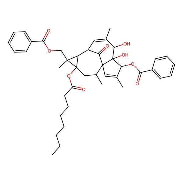 2D Structure of [(1S,4S,5S,6R,9S,10R,11R,12S,14R)-4-benzoyloxy-5,6-dihydroxy-3,7,11,14-tetramethyl-12-octanoyloxy-15-oxo-11-tetracyclo[7.5.1.01,5.010,12]pentadeca-2,7-dienyl]methyl benzoate