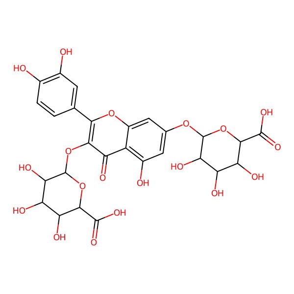 2D Structure of (2S,3R,4S,5R,6S)-6-[3-[(2R,3S,4R,5S,6R)-6-carboxy-3,4,5-trihydroxyoxan-2-yl]oxy-2-(3,4-dihydroxyphenyl)-5-hydroxy-4-oxochromen-7-yl]oxy-3,4,5-trihydroxyoxane-2-carboxylic acid