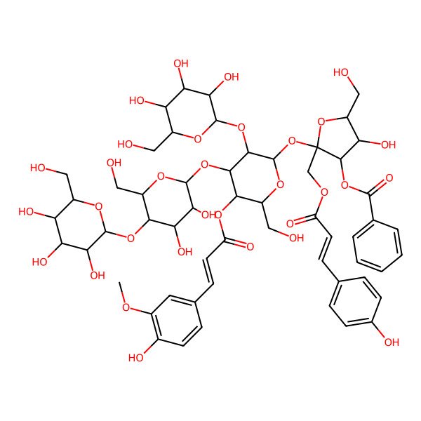 2D Structure of [(2S,3S,4R,5R)-2-[(2R,3R,4S,5R,6R)-4-[(2R,3R,4R,5S,6R)-3,4-dihydroxy-6-(hydroxymethyl)-5-[(2S,3R,4S,5S,6R)-3,4,5-trihydroxy-6-(hydroxymethyl)oxan-2-yl]oxyoxan-2-yl]oxy-5-[(E)-3-(4-hydroxy-3-methoxyphenyl)prop-2-enoyl]oxy-6-(hydroxymethyl)-3-[(2S,3R,4S,5S,6R)-3,4,5-trihydroxy-6-(hydroxymethyl)oxan-2-yl]oxyoxan-2-yl]oxy-4-hydroxy-5-(hydroxymethyl)-2-[[(E)-3-(4-hydroxyphenyl)prop-2-enoyl]oxymethyl]oxolan-3-yl] benzoate