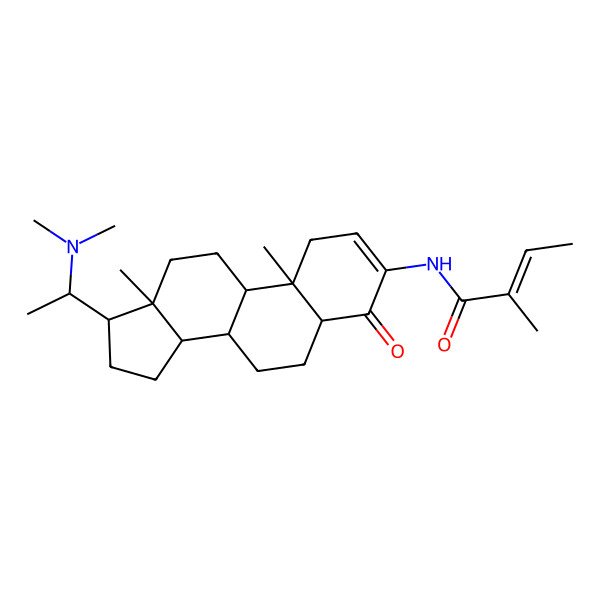 2D Structure of (E)-N-[(5R,8S,9S,10R,13S,17S)-17-[(1S)-1-(dimethylamino)ethyl]-10,13-dimethyl-4-oxo-1,5,6,7,8,9,11,12,14,15,16,17-dodecahydrocyclopenta[a]phenanthren-3-yl]-2-methylbut-2-enamide