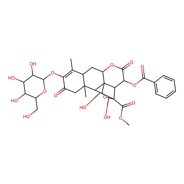 2D Structure of methyl (1R,2S,3R,6R,8R,13S,14R,15R,16S,17S)-3-benzoyloxy-15,16-dihydroxy-9,13-dimethyl-4,11-dioxo-10-[(2S,3R,4S,5S,6R)-3,4,5-trihydroxy-6-(hydroxymethyl)oxan-2-yl]oxy-5,18-dioxapentacyclo[12.5.0.01,6.02,17.08,13]nonadec-9-ene-17-carboxylate