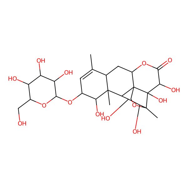 2D Structure of [1,3,3abeta,4,5,6abeta,7,7aalpha,10,11,11a,11balpha-Dodecahydro-1beta,2alpha,3abeta,4beta,11beta-pentahydroxy-3,8,11abeta-trimethyl-5-oxo-2H-3beta,11cbeta-(epoxymethano)phenanthro[10,1-bc]pyran-10alpha-yl]beta-D-glucopyranoside