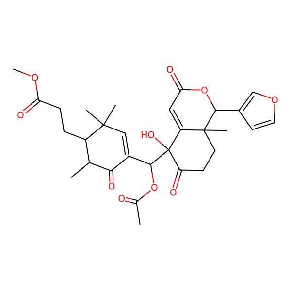 2D Structure of methyl 3-[(1R,6R)-4-[(R)-acetyloxy-[(1R,5R,8aR)-1-(furan-3-yl)-5-hydroxy-8a-methyl-3,6-dioxo-7,8-dihydro-1H-isochromen-5-yl]methyl]-2,2,6-trimethyl-5-oxocyclohex-3-en-1-yl]propanoate