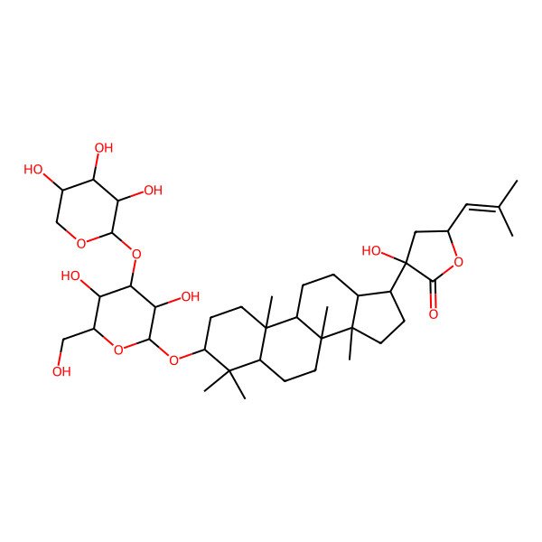 2D Structure of (3R,5R)-3-[(3S,5R,8R,9R,10R,13R,14R,17S)-3-[(2R,3R,4S,5R,6R)-3,5-dihydroxy-6-(hydroxymethyl)-4-[(2S,3R,4S,5R)-3,4,5-trihydroxyoxan-2-yl]oxyoxan-2-yl]oxy-4,4,8,10,14-pentamethyl-2,3,5,6,7,9,11,12,13,15,16,17-dodecahydro-1H-cyclopenta[a]phenanthren-17-yl]-3-hydroxy-5-(2-methylprop-1-enyl)oxolan-2-one
