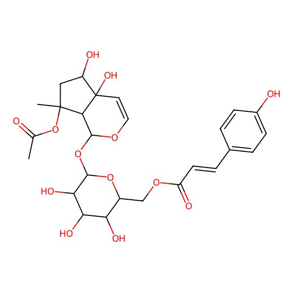 2D Structure of 1alpha-[[6-O-[3-(4-Hydroxyphenyl)acryloyl]-beta-D-glucopyranosyl]oxy]-7-methyl-1,4a,5,6,7,7aalpha-hexahydrocyclopenta[c]pyran-4aalpha,5alpha,7alpha-triol 7-acetate