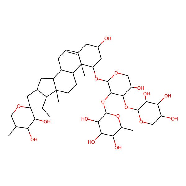 2D Structure of (3R,4R,5S)-14'-[(2S,3R,4S,5R)-5-hydroxy-3-[(2S,3R,4R,5S,6S)-3,4,5-trihydroxy-6-methyloxan-2-yl]oxy-4-[(2S,3R,4S,5R)-3,4,5-trihydroxyoxan-2-yl]oxyoxan-2-yl]oxy-5,7',9',13'-tetramethylspiro[oxane-2,6'-pentacyclo[10.8.0.02,9.04,8.013,18]icos-18-ene]-3,4,16'-triol