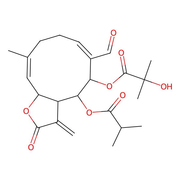 2D Structure of [(3aS,4S,5S,6E,10E,11aR)-6-formyl-10-methyl-3-methylidene-4-(2-methylpropanoyloxy)-2-oxo-3a,4,5,8,9,11a-hexahydrocyclodeca[b]furan-5-yl] 2-hydroxy-2-methylpropanoate