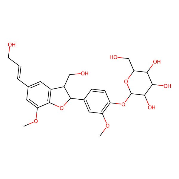 2D Structure of (2R)-2,3-Dihydro-2beta-[4-(beta-D-glucopyranosyloxy)-3-methoxyphenyl]-3alpha-(hydroxymethyl)-7-methoxy-5-(3-hydroxy-1-propenyl)benzofuran