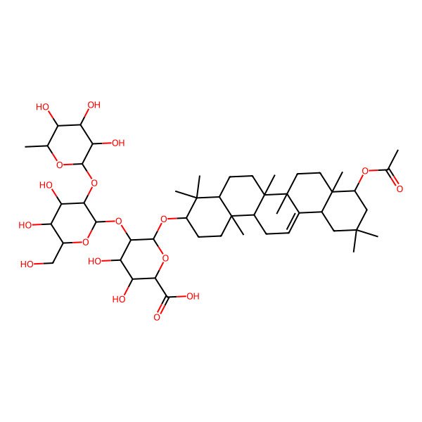 2D Structure of (2S,3S,4S,5R,6R)-6-[[(3S,4aR,6aR,6bS,8aR,9R,12aS,14aR,14bR)-9-acetyloxy-4,4,6a,6b,8a,11,11,14b-octamethyl-1,2,3,4a,5,6,7,8,9,10,12,12a,14,14a-tetradecahydropicen-3-yl]oxy]-5-[(2S,3R,4S,5R,6R)-4,5-dihydroxy-6-(hydroxymethyl)-3-[(2S,3R,4R,5R,6S)-3,4,5-trihydroxy-6-methyloxan-2-yl]oxyoxan-2-yl]oxy-3,4-dihydroxyoxane-2-carboxylic acid