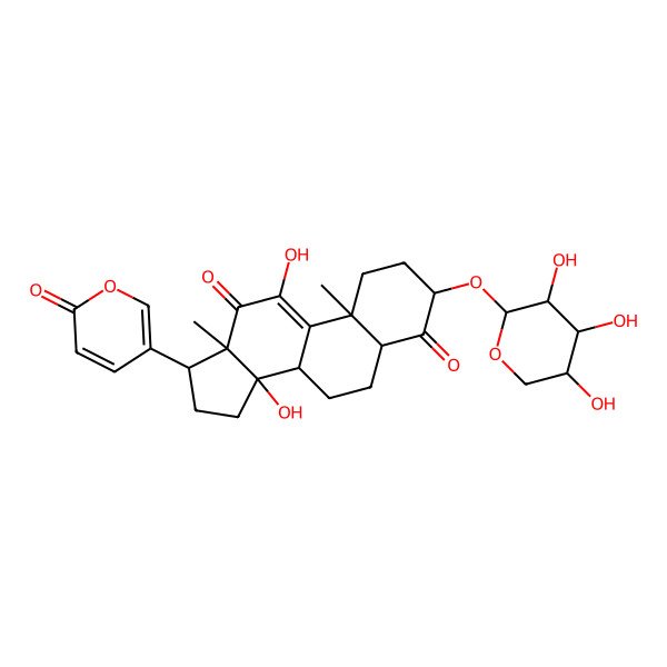2D Structure of (3R,5S,8R,10S,13R,14S,17R)-11,14-dihydroxy-10,13-dimethyl-17-(6-oxopyran-3-yl)-3-[(2S,3R,4S,5R)-3,4,5-trihydroxyoxan-2-yl]oxy-1,2,3,5,6,7,8,15,16,17-decahydrocyclopenta[a]phenanthrene-4,12-dione