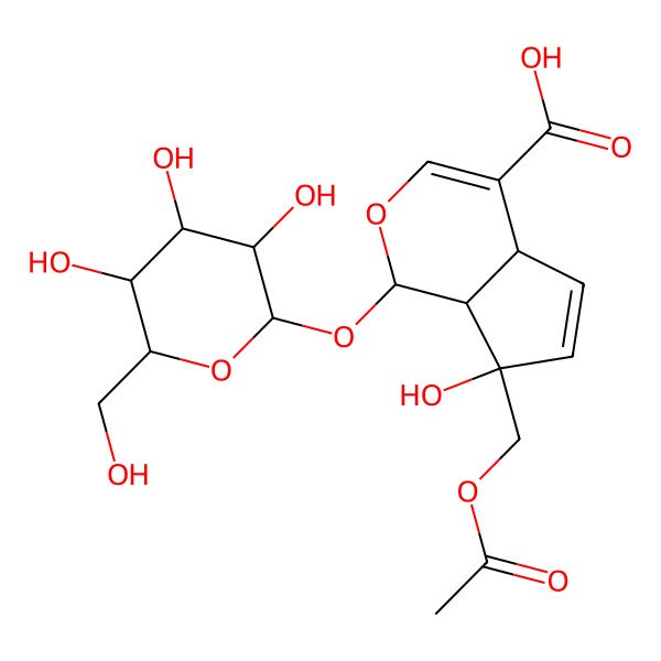 2D Structure of (1S,4aS,7R,7aS)-7-(acetyloxymethyl)-7-hydroxy-1-[(2S,3R,4S,5S,6R)-3,4,5-trihydroxy-6-(hydroxymethyl)oxan-2-yl]oxy-4a,7a-dihydro-1H-cyclopenta[c]pyran-4-carboxylic acid