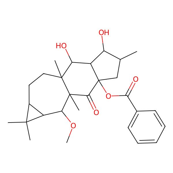 2D Structure of [(1R,2R,3R,4S,5S,7R,9R,10R,11R,13S)-2,4-dihydroxy-10-methoxy-1,5,9,12,12-pentamethyl-8-oxo-7-tetracyclo[7.6.0.03,7.011,13]pentadecanyl] benzoate