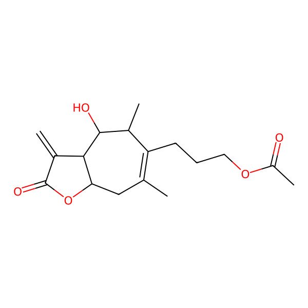 2D Structure of 3-[(3aS,4R,5R,8aR)-4-hydroxy-5,7-dimethyl-3-methylidene-2-oxo-4,5,8,8a-tetrahydro-3aH-cyclohepta[b]furan-6-yl]propyl acetate