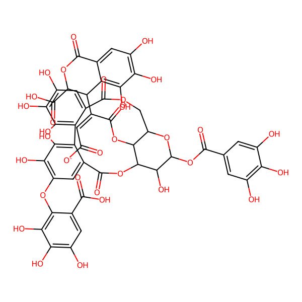 2D Structure of (Z)-3-[(3S,4R)-3-carboxy-5,6,7-trihydroxy-1-oxo-3,4-dihydroisochromen-4-yl]-4-[[(1R,19R,21S,22R,23R)-6-(6-carboxy-2,3,4-trihydroxyphenoxy)-7,8,11,12,13,22-hexahydroxy-3,16-dioxo-21-(3,4,5-trihydroxybenzoyl)oxy-2,17,20-trioxatetracyclo[17.3.1.04,9.010,15]tricosa-4,6,8,10,12,14-hexaen-23-yl]oxy]-4-oxobut-2-enoate