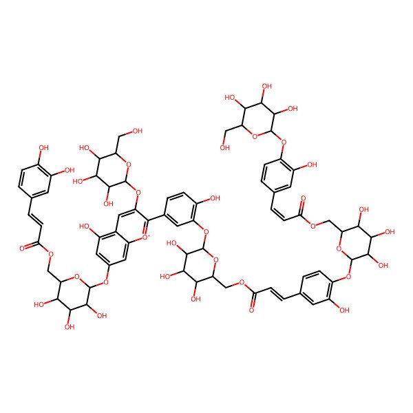 2D Structure of [(2R,3S,4S,5R,6S)-3,4,5-trihydroxy-6-[5-hydroxy-2-[4-hydroxy-3-[(2S,3R,4S,5S,6R)-3,4,5-trihydroxy-6-[[(E)-3-[3-hydroxy-4-[(2S,3R,4S,5S,6R)-3,4,5-trihydroxy-6-[[(E)-3-[3-hydroxy-4-[(2S,3R,4S,5S,6R)-3,4,5-trihydroxy-6-(hydroxymethyl)oxan-2-yl]oxyphenyl]prop-2-enoyl]oxymethyl]oxan-2-yl]oxyphenyl]prop-2-enoyl]oxymethyl]oxan-2-yl]oxyphenyl]-3-[(2S,3R,4S,5S,6R)-3,4,5-trihydroxy-6-(hydroxymethyl)oxan-2-yl]oxychromenylium-7-yl]oxyoxan-2-yl]methyl 3-(3,4-dihydroxyphenyl)prop-2-enoate