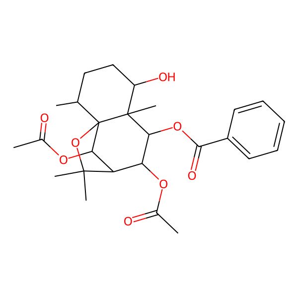 2D Structure of [(1S,2R,5S,6S,7S,8R,9R,12R)-8,12-diacetyloxy-5-hydroxy-2,6,10,10-tetramethyl-11-oxatricyclo[7.2.1.01,6]dodecan-7-yl] benzoate