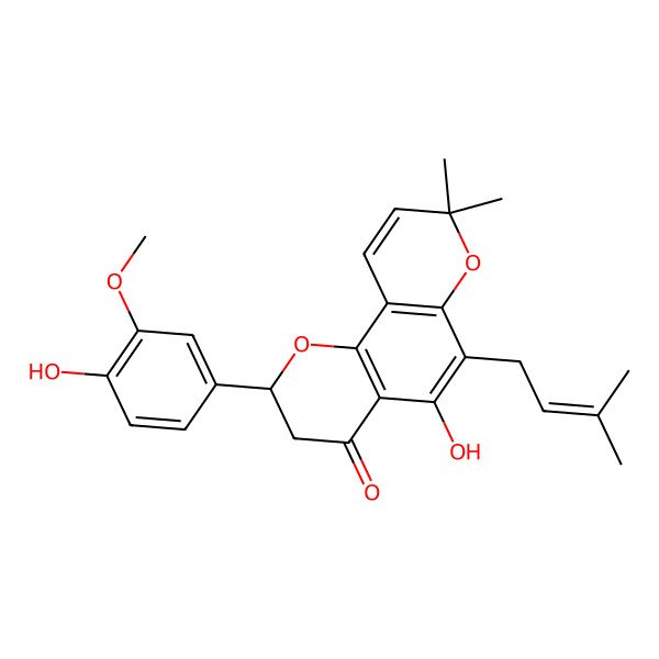 2D Structure of (2S)-6-(gamma,gamma-dimethylallyl)-5,4'-dihydroxy-3'-methoxy-6'',6''-dimethylpyran[2'',3'':7,8]flavanone