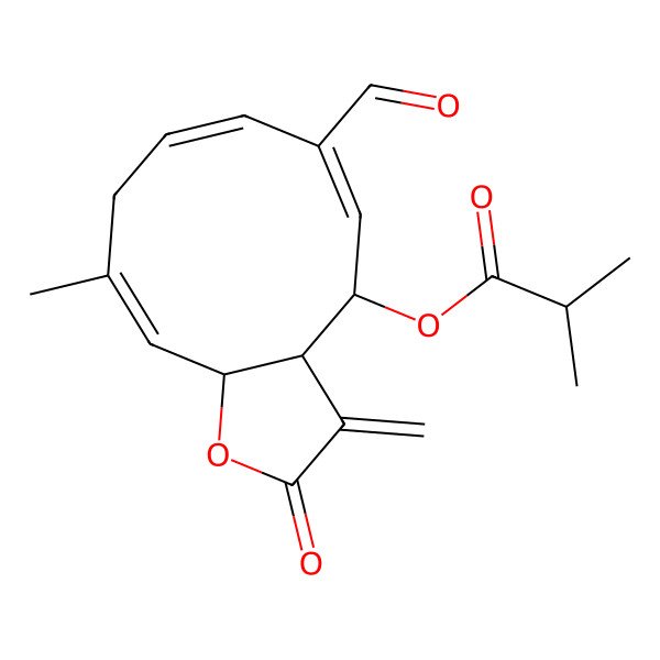 2D Structure of [(3aR,4R,5E,7Z,10Z,11aR)-6-formyl-10-methyl-3-methylidene-2-oxo-3a,4,9,11a-tetrahydrocyclodeca[b]furan-4-yl] 2-methylpropanoate