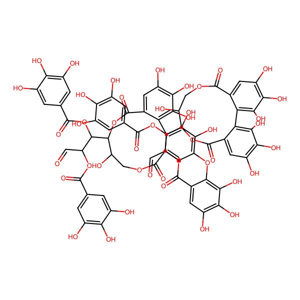 2D Structure of [(1S,2R)-1-[(10R,11R)-3,4,5,11,17,18,19-heptahydroxy-8,14-dioxo-9,13-dioxatricyclo[13.4.0.02,7]nonadeca-1(19),2,4,6,15,17-hexaen-10-yl]-3-oxo-1-(3,4,5-trihydroxybenzoyl)oxypropan-2-yl] 2-[[(11R,12R)-3,4,11,17,18,19-hexahydroxy-8,14-dioxo-12-[(1S,2R)-3-oxo-1,2-bis[(3,4,5-trihydroxybenzoyl)oxy]propyl]-9,13-dioxatricyclo[13.4.0.02,7]nonadeca-1(19),2,4,6,15,17-hexaen-5-yl]oxy]-3,4,5-trihydroxybenzoate