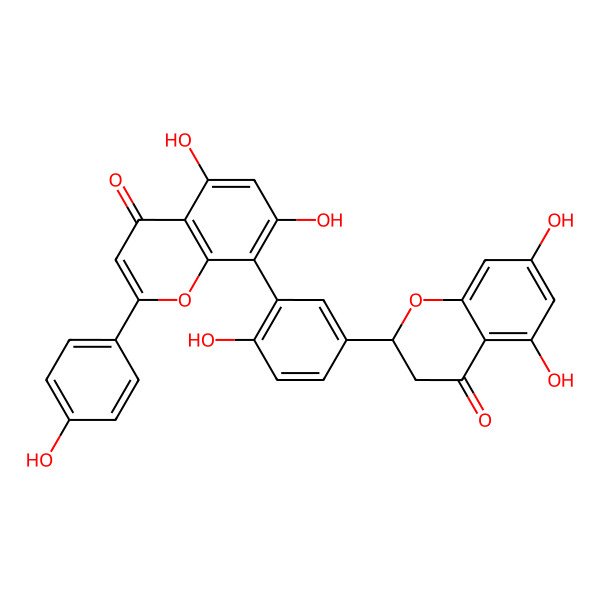 2D Structure of 8-[5-[(2S)-5,7-dihydroxy-4-oxo-2,3-dihydrochromen-2-yl]-2-hydroxyphenyl]-5,7-dihydroxy-2-(4-hydroxyphenyl)chromen-4-one