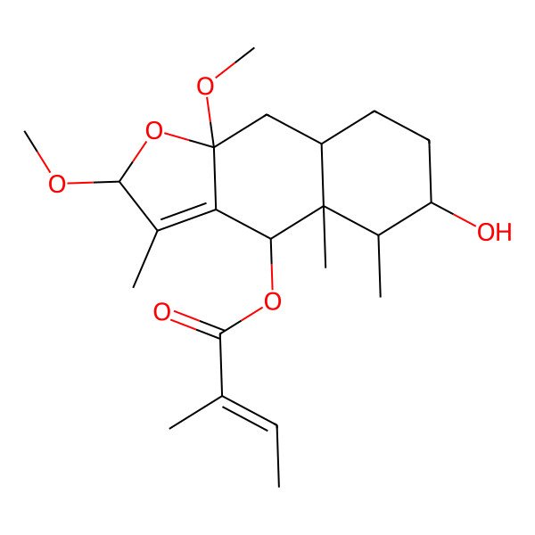 2D Structure of 2-Methylisocrotonic acid [(2S)-6beta-hydroxy-2alpha,9abeta-dimethoxy-3,4abeta,5beta-trimethyl-2,4,4a,5,6,7,8,8abeta,9,9a-decahydronaphtho[2,3-b]furan]-4beta-yl ester