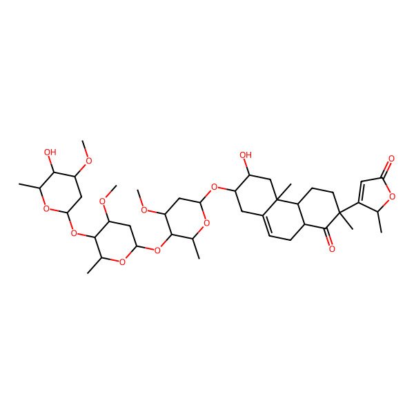2D Structure of (2R)-3-[(2R,4aS,4bR,6R,7R,10aR)-6-hydroxy-7-[(2S,4S,5R,6R)-5-[(2S,4S,5R,6S)-5-[(2S,4S,5R,6R)-5-hydroxy-4-methoxy-6-methyloxan-2-yl]oxy-4-methoxy-6-methyloxan-2-yl]oxy-4-methoxy-6-methyloxan-2-yl]oxy-2,4b-dimethyl-1-oxo-4,4a,5,6,7,8,10,10a-octahydro-3H-phenanthren-2-yl]-2-methyl-2H-furan-5-one