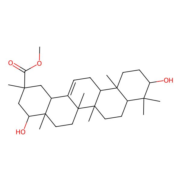 2D Structure of methyl (2S,4aR,6bR,10S,12aR)-4,10-dihydroxy-2,4a,6a,6b,9,9,12a-heptamethyl-1,3,4,5,6,6a,7,8,8a,10,11,12,13,14b-tetradecahydropicene-2-carboxylate