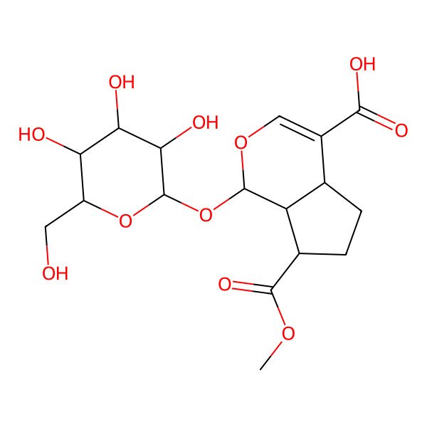 2D Structure of (1S)-1alpha-(beta-D-Glucopyranosyloxy)-1,4aalpha,5,6,7,7aalpha-hexahydrocyclopenta[c]pyran-4,7alpha-dicarboxylic acid 7-methyl ester