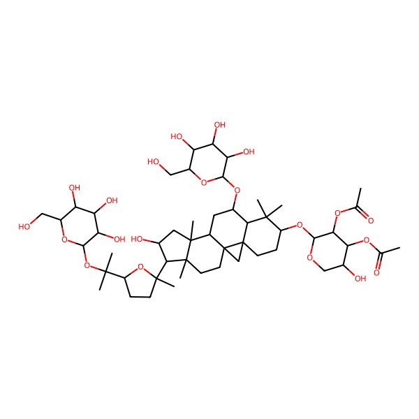 2D Structure of [(2S,3R,4S,5R)-3-acetyloxy-5-hydroxy-2-[[(1S,3R,6S,8R,9S,11S,12S,14S,15R,16R)-14-hydroxy-7,7,12,16-tetramethyl-15-[(2R,5S)-2-methyl-5-[2-[(2R,3R,4S,5S,6R)-3,4,5-trihydroxy-6-(hydroxymethyl)oxan-2-yl]oxypropan-2-yl]oxolan-2-yl]-9-[(2R,3R,4S,5S,6R)-3,4,5-trihydroxy-6-(hydroxymethyl)oxan-2-yl]oxy-6-pentacyclo[9.7.0.01,3.03,8.012,16]octadecanyl]oxy]oxan-4-yl] acetate