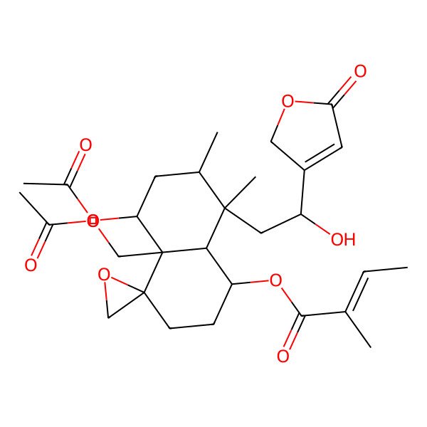 2D Structure of [(1R,4R,4aR,5S,7R,8S,8aR)-5-acetyloxy-4a-(acetyloxymethyl)-8-[2-hydroxy-2-(5-oxo-2H-furan-3-yl)ethyl]-7,8-dimethylspiro[2,3,5,6,7,8a-hexahydro-1H-naphthalene-4,2'-oxirane]-1-yl] (E)-2-methylbut-2-enoate